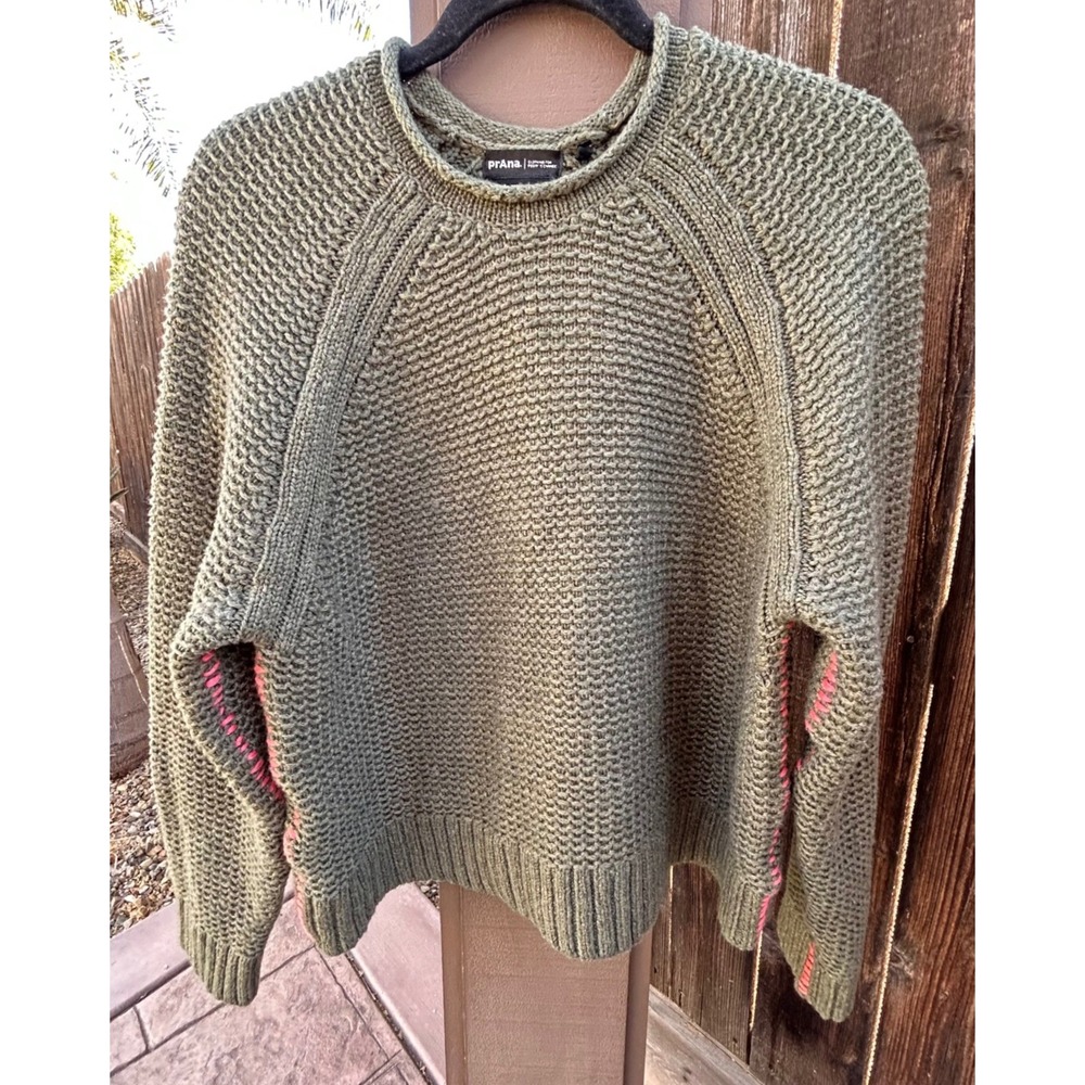 prAna Cades Cove Sweater Women L Merino Wool Blend Olive Green Waffle Knit